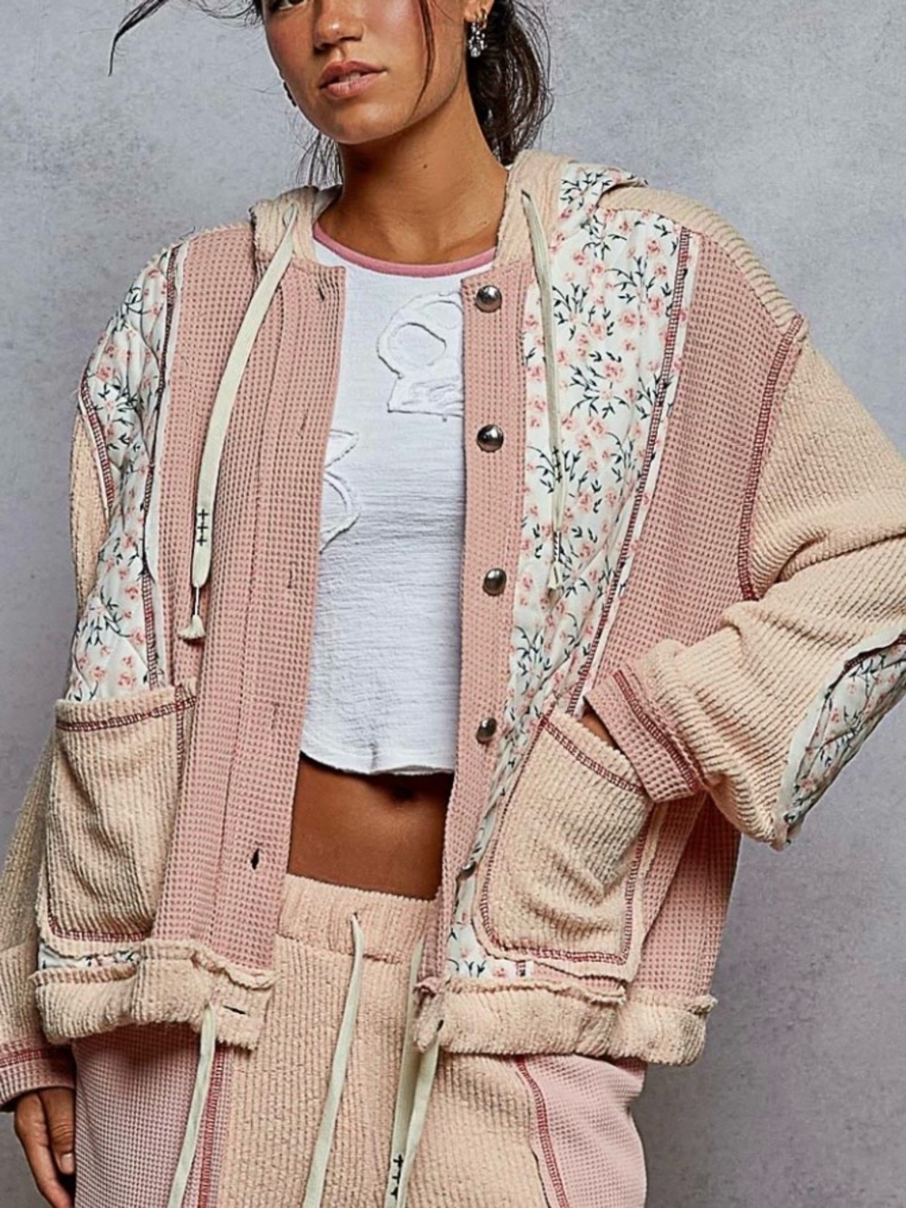 POL Pink and Cream Quilted Patchwork Bomber Jacket